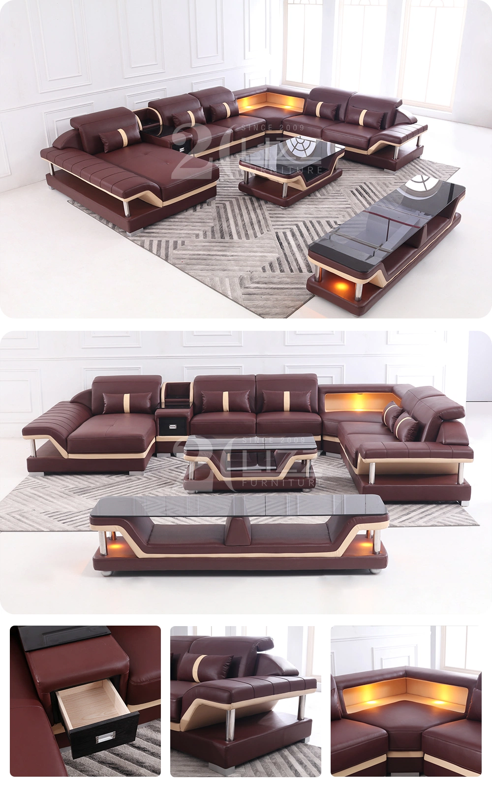 Functional Modern European Style U Shape Home Furniture Set Hot Sale Living Room Genuine Leather Sofa